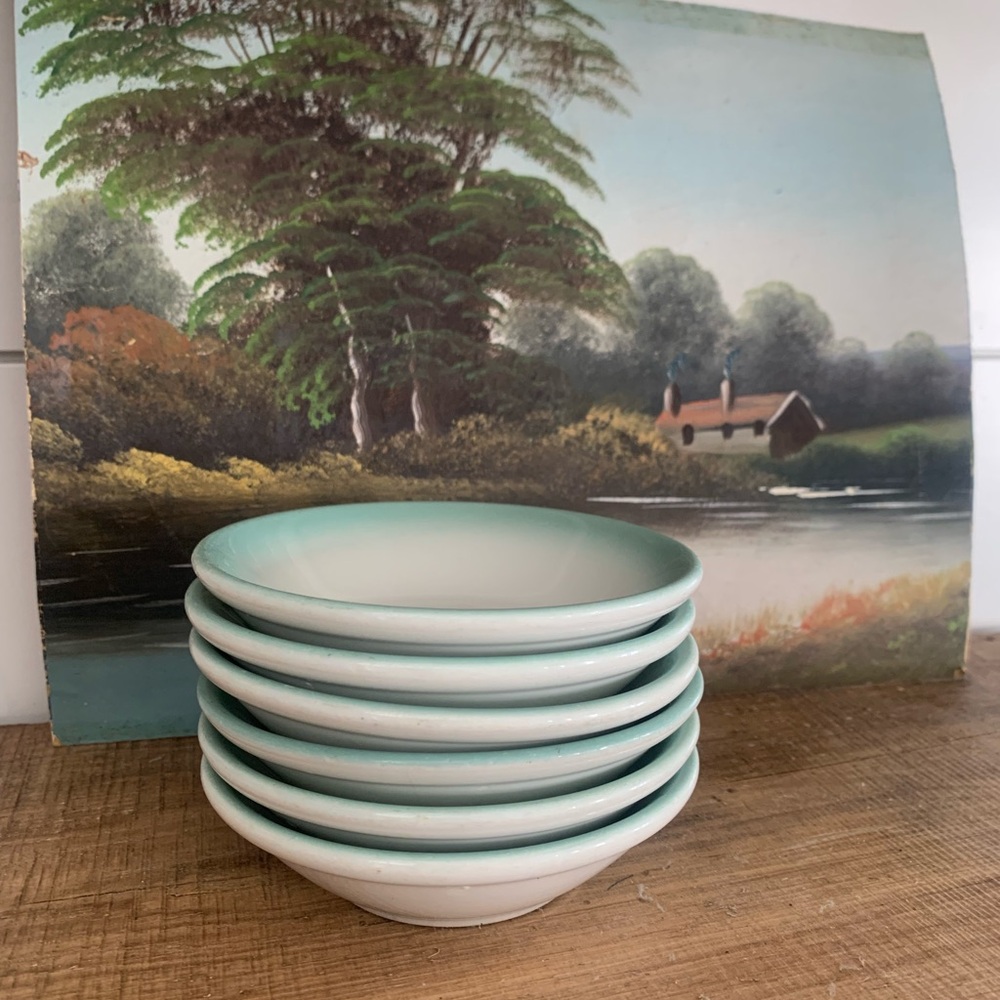 Homer Laughlin Best China small bowls. White with teal/ mint green rim.